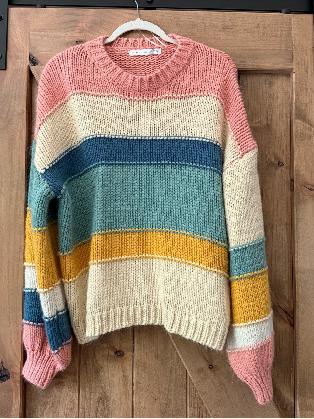 Altar'd State Striped Chunky Knit Crewneck - Pink/Cream/Blue/Green/Yellow Sz S/M